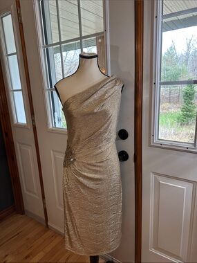 David Meister One-Shoulder Gold Cocktail Dress with Side Embellishment